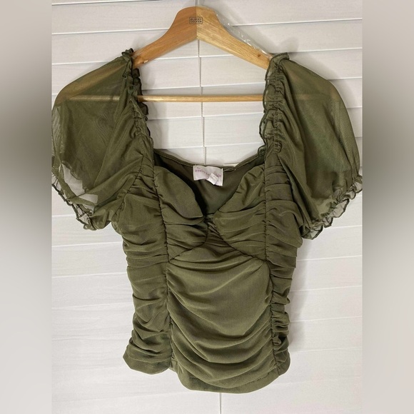 honey & Sparkle Tops - Stylish Olive Green Ruched Blouse